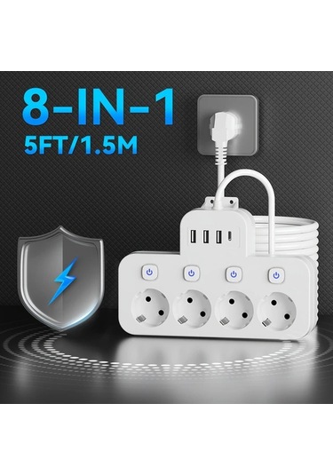 Xuweiwei Beyaz 8i 1 Arada Standart Eu Priz 4 Usb Portu Usb C Portlu Bagimsiz Anahtarlı 15m Uzatma Kablosu Ev Ofis İcin