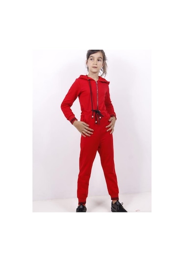 Toontoy Kız Çocuk Beli Bağçıklı Kapşonlu Tulum Kırmızı
