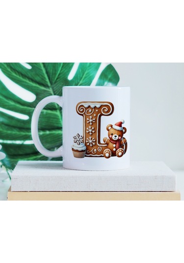 L Kurabiye Harf Ve Ayıcık Detaylı Kupa Bardak - Yeni Yıl / Yılbaşı Temalı Tasarım - Noel Hediye Beyaz