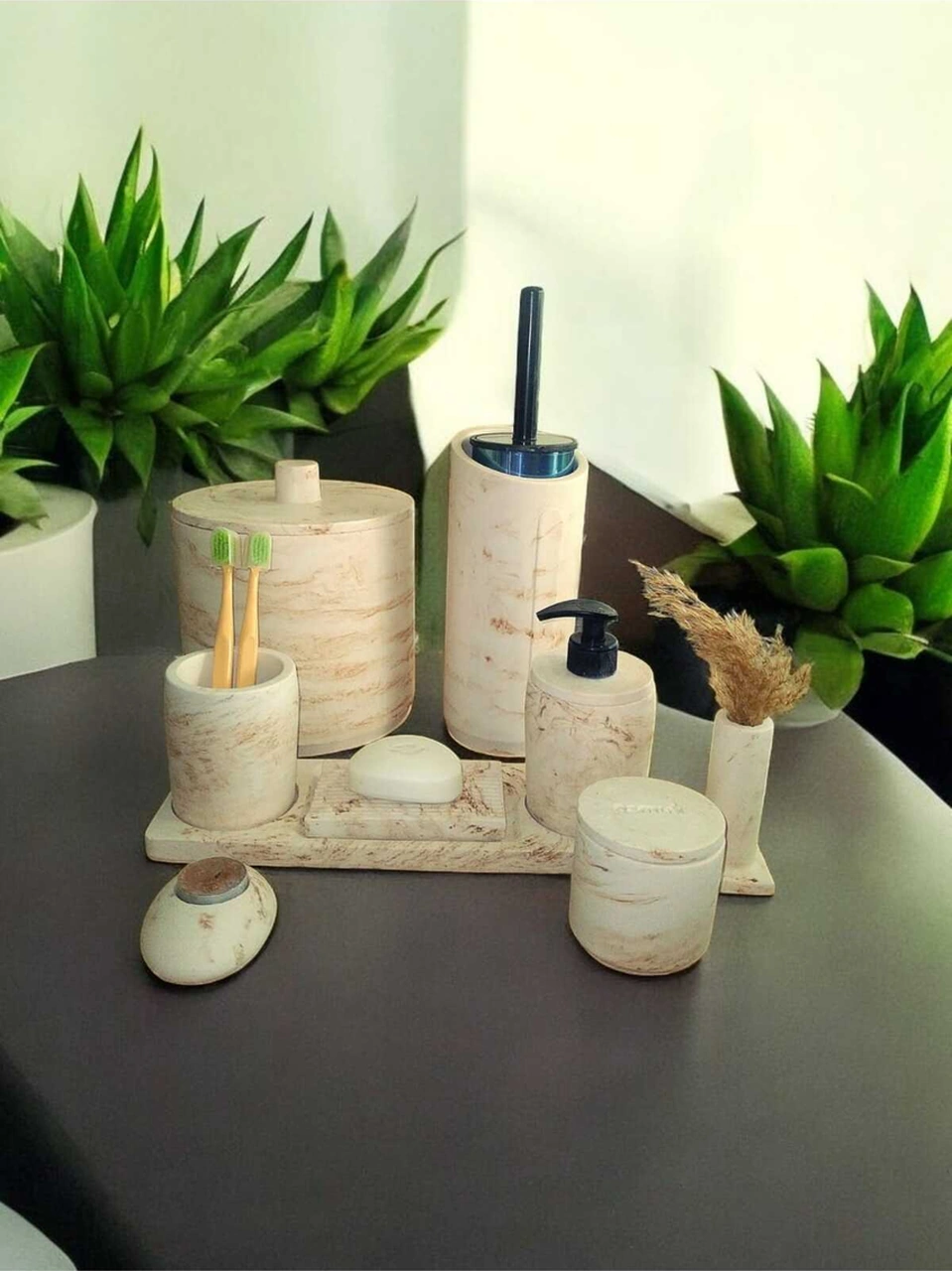 Mermer Desen Tam Beton Banyo Seti Tuvalet Wc Sıvı Sabunluk Diş Fırçalığı Aksesuar Takım Bej
