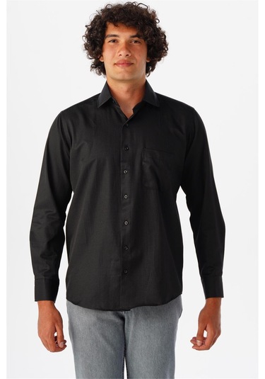 SÜVARİ Siyah Regular Armürlü Klasik Yaka Gömlek Siyah