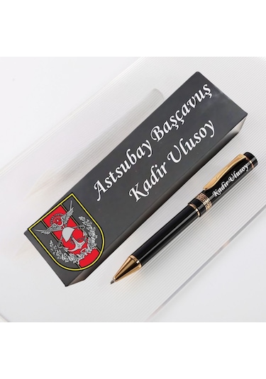 Türk Silahlı Kuvetleri Personeline Özel Logolu Kişiye Özel İsim Yazılı Kutulu Kalem Siyah