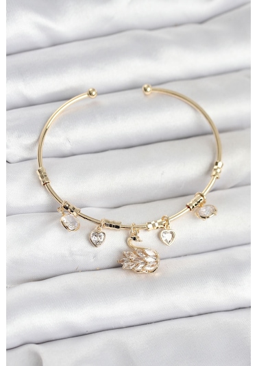 Kuğu Charmlı Gold Renk Kadın Bileklik Çok Renkli