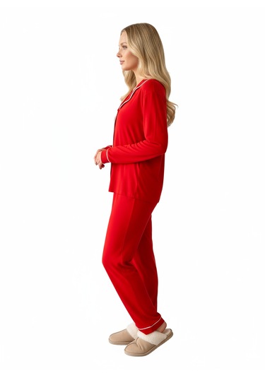 Merlot Kırmızı Düğmeli Biyeli Uzun Pijama Takımı