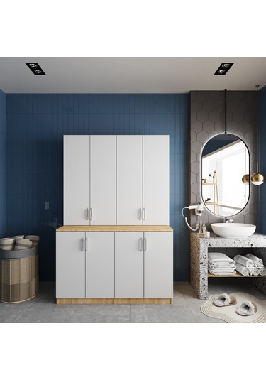 Maven Çamaşır Ve Kurutma Makinesi Dolabı Banyo Dolabı Meşe Beyaz Meşe - Beyaz