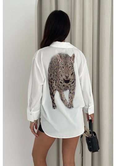 Asprin Fashion Kaplan Desen Baskılı Taşlı Gömlek Beyaz