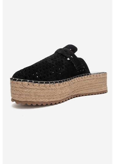 Luvishoes Louıs Siyah Süet Hakiki Deri Burnu Kapalı Hasır Dolgu Taban Terlik Siyah