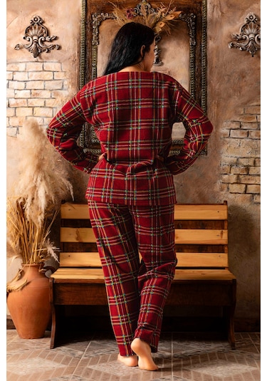 Nisanca Büyük Beden Peluş Polar Pijama Takımı- Kışlık Büyük Beden Kadın Pijama Bordo