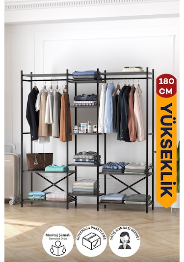 10 Raflı Metal Gardırop Metal Portmanto Açık Gardırop Elbise Dolabı Vestiyer Openix Antrasit