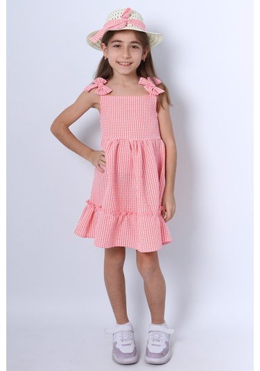 Kız Çocuk Şapkalı Elbise Kareli Fiyonklu B33 Toz Pembe