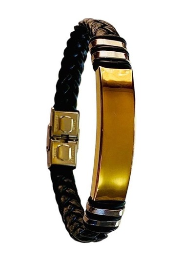 1.sınıf Çelik Ve Örgü Deri Kombin Erkek Bileklik Siyah - Altın