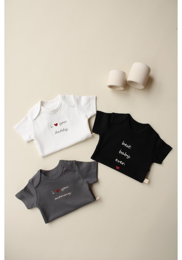 3lü Nakışlı Kısa Kollu Çıt Çıtlı Body Zıbın Model 7 Çok Renkli