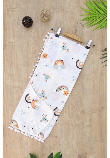 Kız Erkek Bebek Çift Katlı Ponponlu Müslin Kundak Battaniye Stl6907 Beyaz - Fuşya