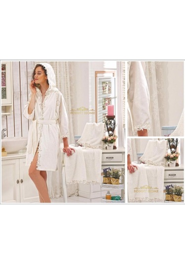 Tina Krem Bayan Fransız Dantelli Balayı Çeyizlik Bornoz Seti Krem