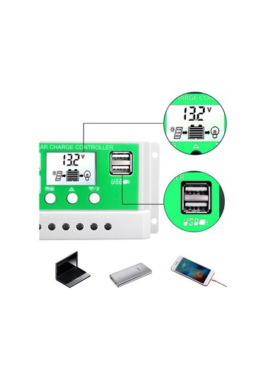 Teltree 50a 12v/24v Otomatik Tanıyan Pwm Güneş Kontrolörü, Akü Aşırı Şarj Koruması, Lcd Ekranı Ve 5v Usb Çıkışı - Beyaz+yeşil