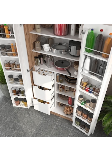 165 Derece Açılabilir 2 Kapaklı, 3 Çekmeceli, Kavanoz Raflı Kiler Ve Erzak Mutfak Dolabı Atlantik Çam Beyaz