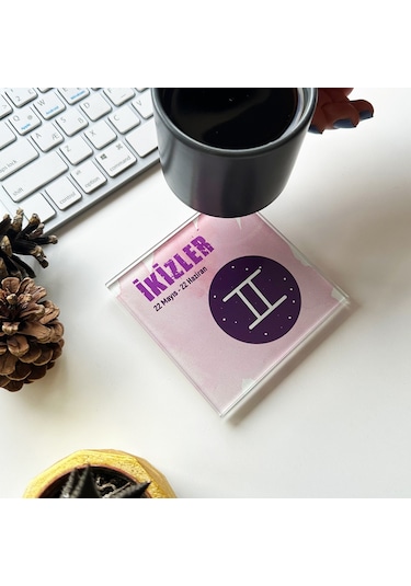 Decorita Cam Bardak Altlığı Burçlar - İkizler Burcu 4'lü Takım 10 CM Çok Renkli