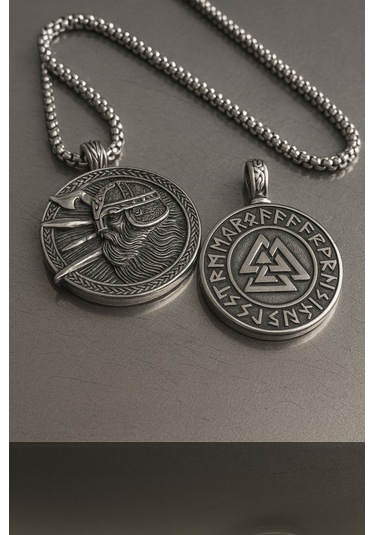 Paslanmaz Çelik 2 Li Viking Kolye Seti Valknut Ve Savaşçı Sembolü Erkek Kolye Gümüş