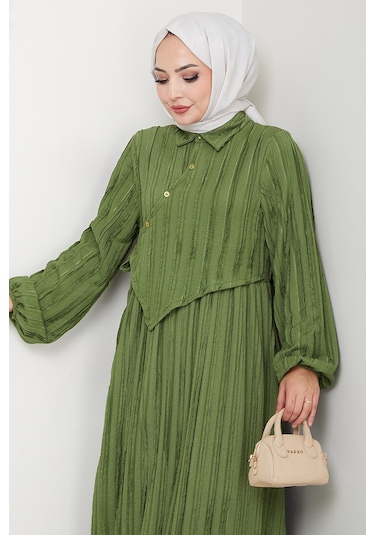 Çapraz Bağlamalı Bürümcük Elbise 1617 - Haki Haki
