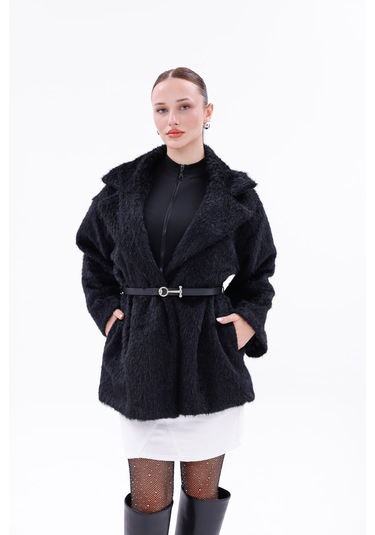 Kemer Detaylı-astarlı-düğmeli Kadın Kaban Siyah