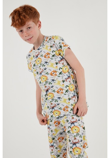 Lela Desenli % 100 Pamuk Bisiklet Yaka Erkek Çocuk Pijama Takımı 6651003 Ekru-Sarı