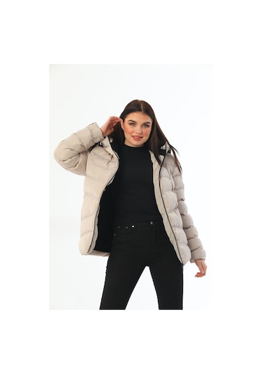 Freemen Kadın Taş Polarlı Kürklü Kapüşonlu Su Geçirmez Rüzgara Dayanıklı Şişme Kışlık Mont Taş