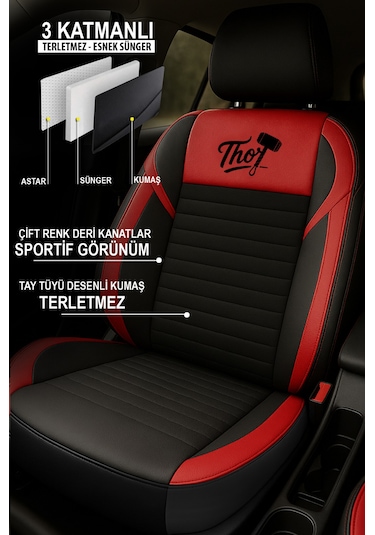 Thor Tay Tüyü Üniversal Oto Koltuk Kılıfı - 5 Koltuk Tam Set Kırmızı
