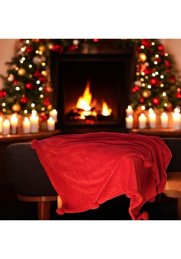 Ponponlu Battaniye 120 170 Kırmızı