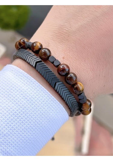 Nursaat Doğal Taş Özel Kombin Kaplan Gözü Ve Karlı Obsidyen Taşı Doğal Unisex Bileklik Blkt.ns06 2 Adet Çok Renkli