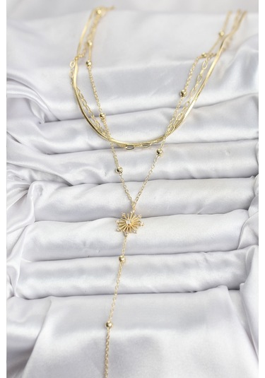 Pirinç Gold Renk Zirkon Taşlı Model Detaylı 3'lü Kombin Y Kadın Kolye - Tj-bko10700 Gümüş