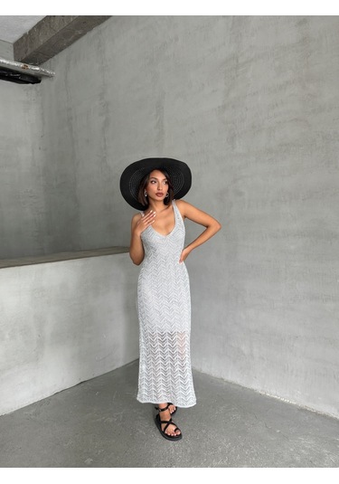 Kadın Askılı Ajurlu Yazlık Triko Elbise Gri