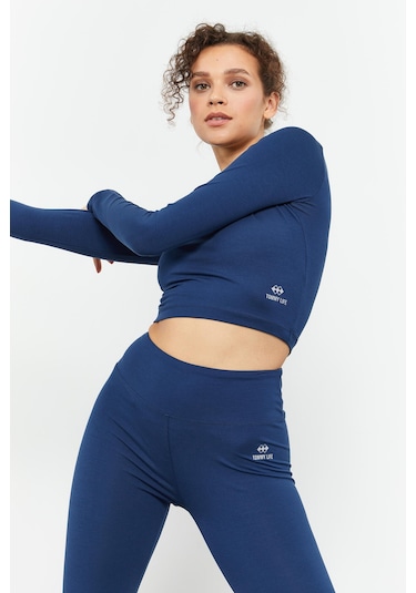 Tommy Life İndigo Uzun Kollu Dar Kalıp O Yaka Kadın Crop Top T-shirt - 97150 İndigo