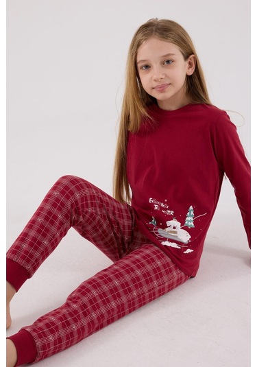 Arnetta Garson Kız Çocuk Aile %100 Pamuklu 4 Mevsim Ekoseli Uzun Kollu Pijama Takım Bordo