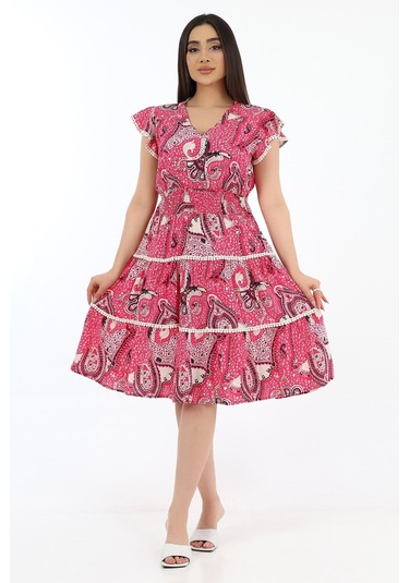 Kadın Viskon Yarım Kol V Yaka Gipeli Elbise Kırmızı Kırmızı