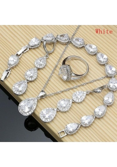 Novahub Beyaz Gümüş Renk Takı Mavi Kübik Zirkonya Takı Setleri Kadınlar Için Küpe Kolye Yüzük Bilezik 6 Beyaz