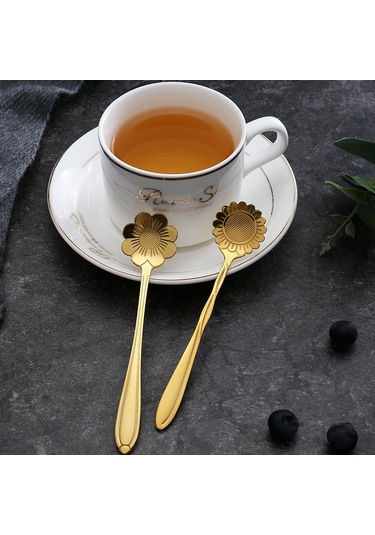 Kosona Altın Renkli Çelik Çiçek Desenli Kahve Kaşığı - Ev Kullanıma Uygun, Dayanıklı Ve Şık Hediyelik Spoon Diğer