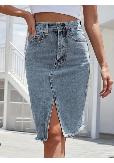 Kadın Elastik Bel Yırtık Kenar Detaylı Kot Etek Mavi