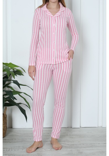 Kadın Pijama Uzun Kollu Düğmeli Pijama Takımı Cepli Pamuk Pembe