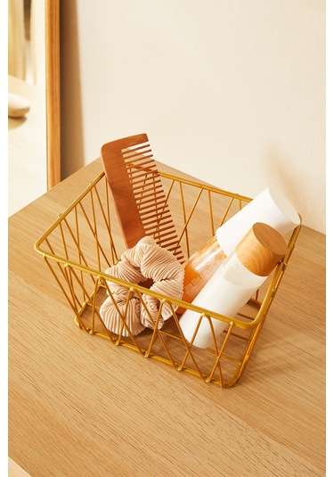 Ocean Home Textile 2'li Altın Renk Metal Sepet Set 25 x 18.5 x 10.5 / 20.5 x 15.5 x 10 cm