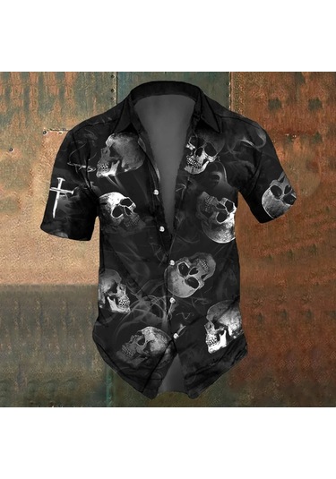 Snapbuyretro Erkek Gömlek Kısa Kollu Gevşek Siyah Kafatası Baskılı Moda Gömlekbejerkek Bej