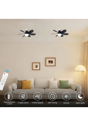 Xuweiwei 20.5 İnç Siyah Akıllı Led Tavan Fanı Işığı 52.07 41.91 Cm Uzaktan Kumandalı 3 Renk Sıcaklık Sessiz Çalışma Modern Tasarım E26 E27 Soket