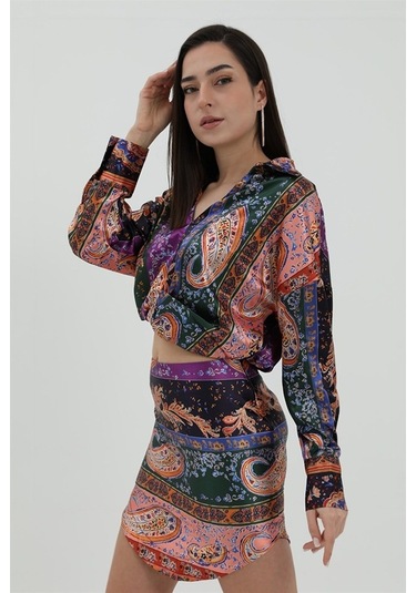 Etnik Desenli Saten Takım - Turuncu