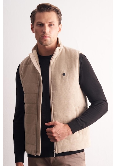 İmza Bej Dik Yaka Fermuarlı Casual Slim Fit Kapitone Yelek 1009255103 Koyu Bej