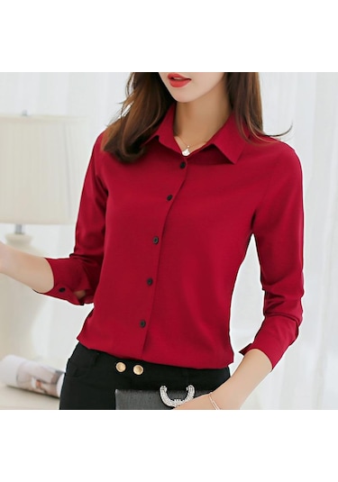 Şarap Kırmızısı İlkbahar Ve Yaz Kadın Gömlek İnce Çok Yönlü Büyük Metre Dip Moda Günlük Uzun Kollu Gömlek Şarap Kırmızısı