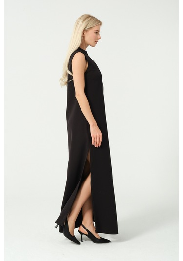 Derin Yırtmaç Basic Uzun Elbise Siyah