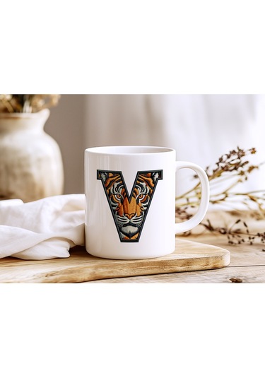 V Harfi Kaplan Figürlü Nakış Desenli Kupa Bardak - Kişiye Özel Vahşi Hayvan Desenli Kupa - Hediye Beyaz