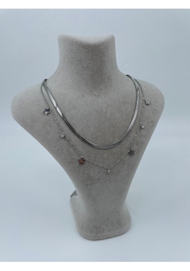 Xbaby İkili Yıldız Taşlı Çelik Gümüş Renk Kolye Gümüş