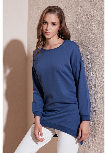 Lela Modest Pamuklu Bisiklet Yaka Oversize Fit Bayan Tunik 5864896 Indigo