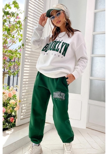 Modagen Kadın Yeşil Beyaz Brooklyn Baskı Oversize Bisiklet Yaka Alt Üst Eşofman Takımı Yeşilbeyaz