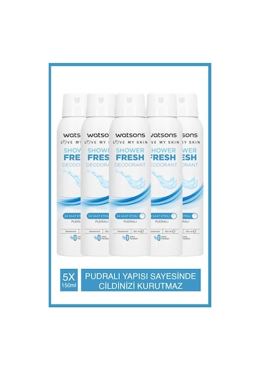 Watsons Shower Fresh Pudralı 24 Saat Etkili Kadın Sprey Deodorant 5 x 150 ML